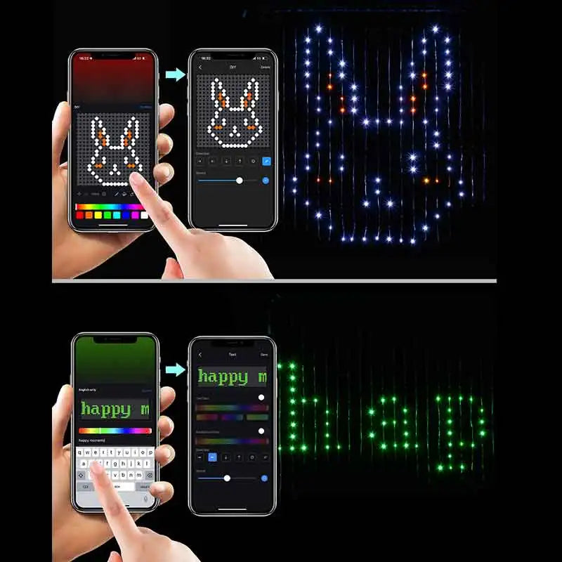 400LEDs Smart Curtain Lights Bluetooth App LED String RGB Fairy Lights DIY Music Change Display for Window Bedroom Decoration